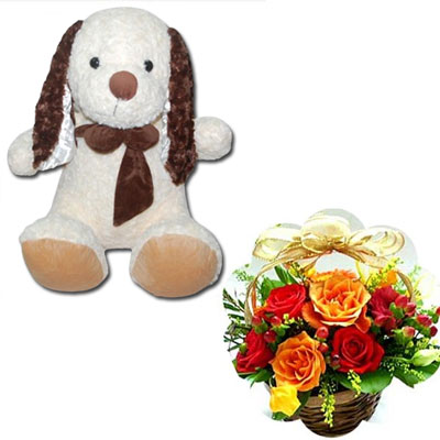 "White Teddy - BST- 9809, 25 mixed Roses flower basket - Click here to View more details about this Product